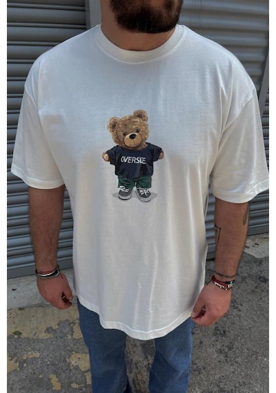 Erkek Bisiklet Yaka Baskılı Oversıze Beyaz T-shirt Beyaz