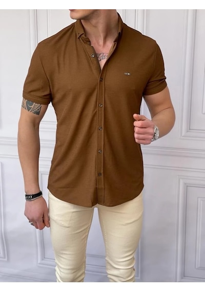 Modefendi Slim Fit Pamuk Örme Polo Yaka Kısa Kollu Gömlek Kahverengi
