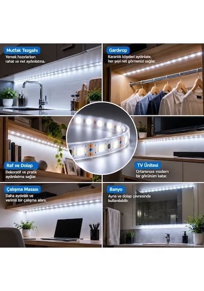 Şerit Led 5 Metre Mutfak Dolabı Tezgah Altı Aydınlatma Adaptörlü Butonlu Tak Çalıştır Sb-6556 Beyaz