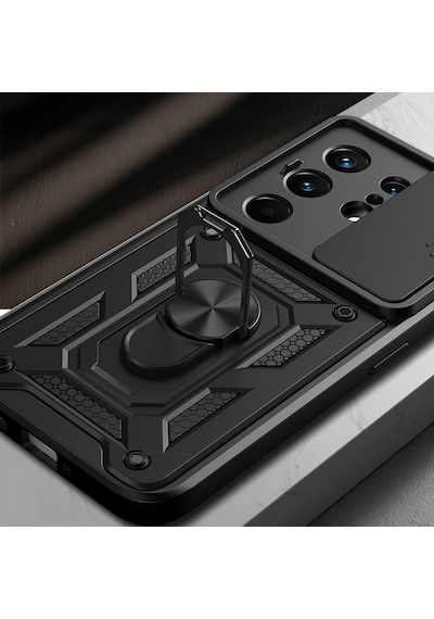 Maks Technology Tecno Camon 50 Pro Kılıf Magnetik Standlı Kamera Korumalı Mkst Sürgülü Vega Kapak - Siyah