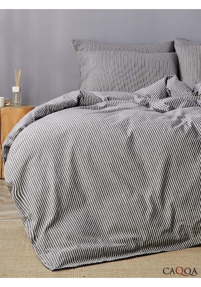 Caqqa Line Striped Naturel Pamuk Çift Kişilik Nevresim Takımı Antrasit
