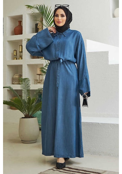 Neways 6596-Düğmeli Süs Kuşaklı Abaya Koyu Mavi