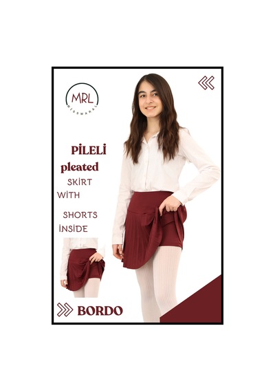 Kız Çocuk Pileli Etek Bordo Yüksek Bel İçi Şortlu Likra Kumaş Okul-oyun-spor-etkinlik Eteği 4103 Bordo