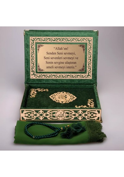 Şal + Tesbih + Kuran Hediye Seti Orta Boy, Şemslafzatullah, Gold Pleksi, Raşel Kutu, Yeşil