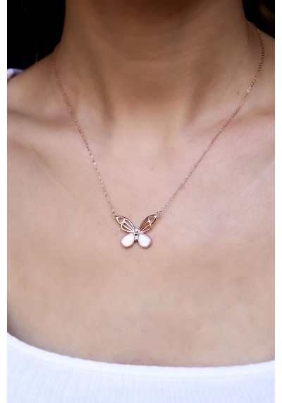 Papatya Silver 925 Ayar Gümüş Rose Kaplama Opal Taşlı Kelebek Kolye