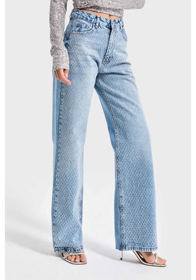 Itsbasic Kadın Kot Rengi Doris T34s527 Parlak Taşlı Tasarım Straight Fit Denim Jean Taşlı Kot Rengi