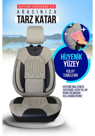 Bej - Siyah Panda Vibe Serısı Keten Kumaş Oto Koltuk Kılıfı - Tam Set