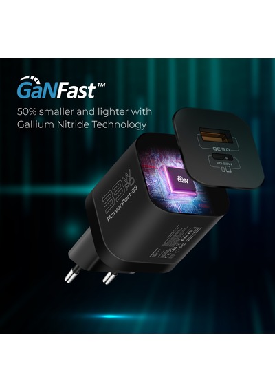 Promate PowerPort-33 Gan 33W Qualcomm Süper Hızlı Type-C PD , USB Ultra Kompakt Duvar Şarj Cihazı, Aşırı Gerilim Koruması