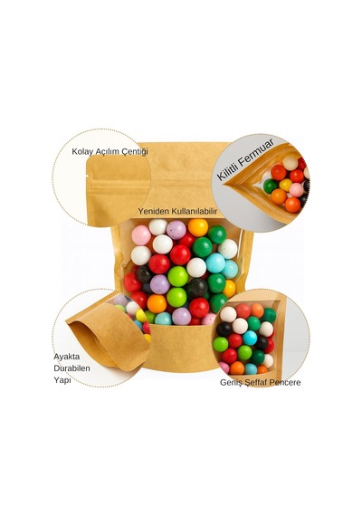 Tr Kraft Geniş Pencereli Doypack, Zip Kilitli, Dik Duran, Gıda Saklama Torbası 100, 16x27 Genel