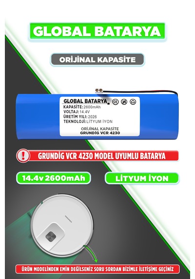 Grundig Vcr 4230 Uyumlu Robot Süpürge Bataryası 14.4v 2600mah Li-ion Pil  Kapasite