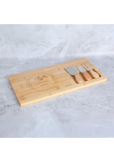 Bambu Peynir Sunum Tahtası Ve 3'lü Paslanmaz Çelik Bıçak Seti Şık Servis & Sunum 37x18x1,5cm Çok Renkli