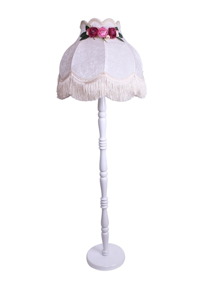 Beyaz Kadife Çiçek Dekorlu Başlık Ahşap Doğal Beyaz Ayaklı Klasik Model Lambader 175x40cm