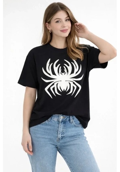 Defymoda Örümcek Baskılı Tişört Kısa Kollu Bisiklet Yaka T-shirt - Siyah