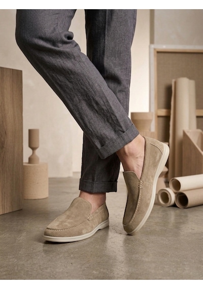 DMR Elegance Ba0252 %100 İçi Dışı Hakiki Deri Erkek Krem Süet Casual Loafer Termo Taban Ayakkabı Rekli