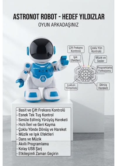 Uzaktan Kumandalı Dev Boy Şarjlı Çift Frekans Kontrollü Dans Eden Işıklı Müzikli 36 Cm Robot Oyuncak Mavi