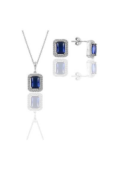 Gümüş Rodyumlu Safir Taşlı Baget Kesim Ikili Set