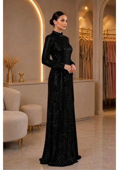 Dorne Moda Payetli Kemer Detaylı Uzun Kollu Balık Model Abiye Elbise Siyah Siyah