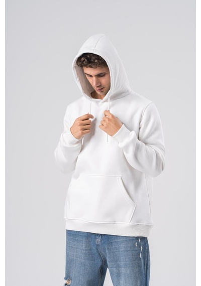 Coal City Erkek 3 İplik Şardonlu Oversize Kapüşonlu Sweatshirt Yumuşak Dokulu Beyaz