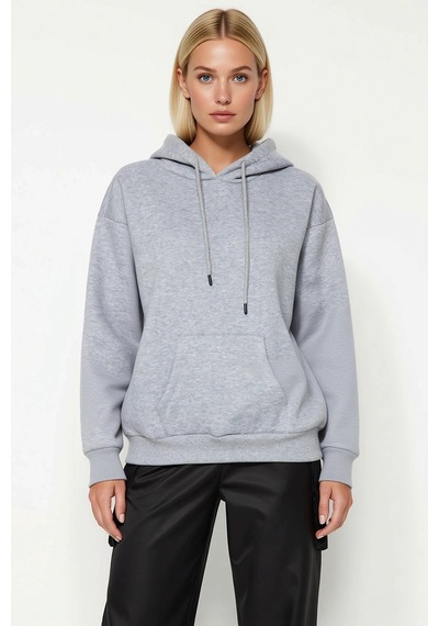 Benerly Kadın Kapüşonlu Düşük Kol Oversize Sweatshirt Fonksiyonel Dayanık Gri Melanj