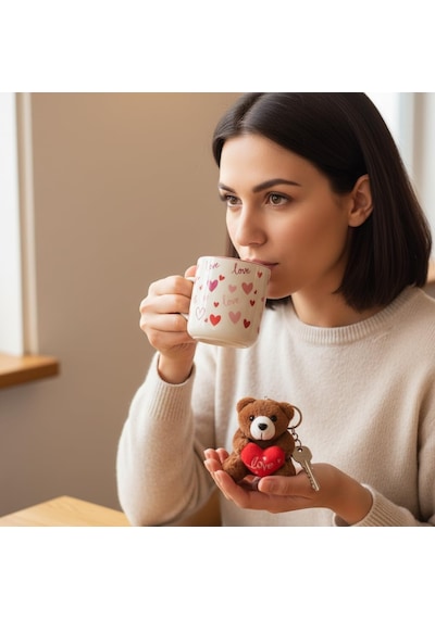 Ayıcık Peluş Anahtarlıklı Porselen Kupa Seti - 380 Ml Kutulu Hediye - 4 Farklı Modelden Biri Sürpriz/asorti - Sevimli Ayı Figürlü Bardak Ve Anahtarlık Beyaz - Çok Renkli