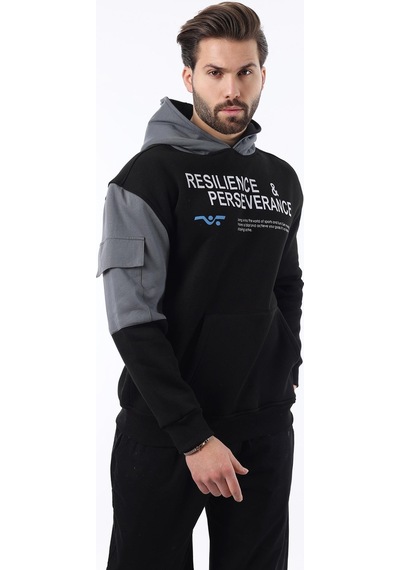 Madmext Siyah Kapüşonlu Cep Detaylı Baskılı Erkek Sweatshirt 7058 Siyah