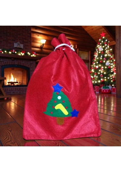 Noel Baba Hediye Çuvalı Çam Ağaçlı Çuval Küçük Boy 40x30 Cm Noel Baba Çuvalı Yılbaşı Süsleri 180 Cm
