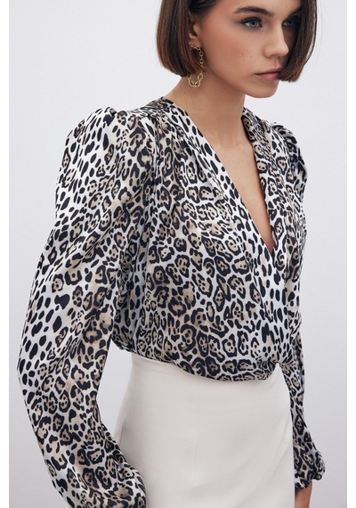 Sateen Leopar Desenli Bodysuit - Siyah-135268 Siyah