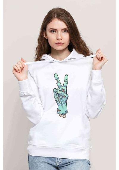 Zombie Peace Baskılı Beyaz Kadın Kapşonlu Sweatshirt