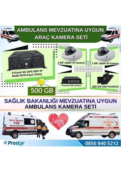 Ambulans Yönetmeliğine Uygun 2 Kameralı 8 Kanal Mobil Nvr 500 Gb Tak Kullan Set