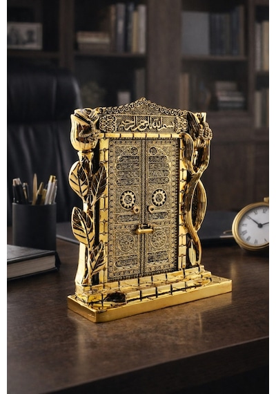 Taş İşlemeli Gold Renkli Allah & Muhammed S.a.v Kâbe Kapısı Figürlü Taşlı Masa Üstü Biblo 25 Cm Sarı