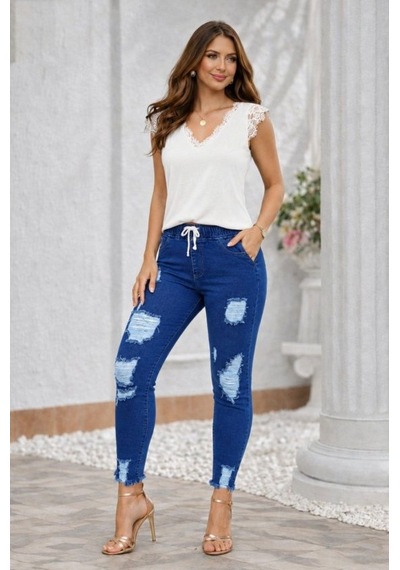 Kadın Yüksek Bel Beli Bağcıklı Önden Yırtık Desenli Kot Pantolon Lacivert