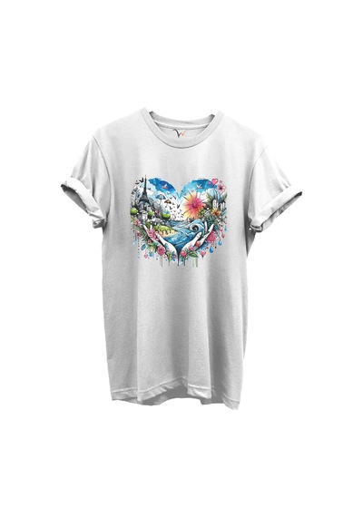 Kalp Şehir Manzaralı Renkli Baskılı %100 Pamuk Regular Fit Unisex T-shirt Beyaz