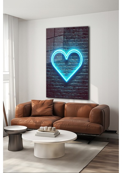 Neon Stil Mavi Kalp Dikey Cam Tablo