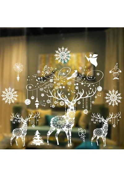 Yılbaşı Noel Sticker Beyaz 3 Lü Geyik Figürlü 70x50 Cm