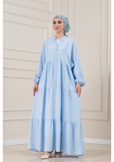 Sevitli Lilyum Kumaş Robalı Katya Elbise-mavi-5820