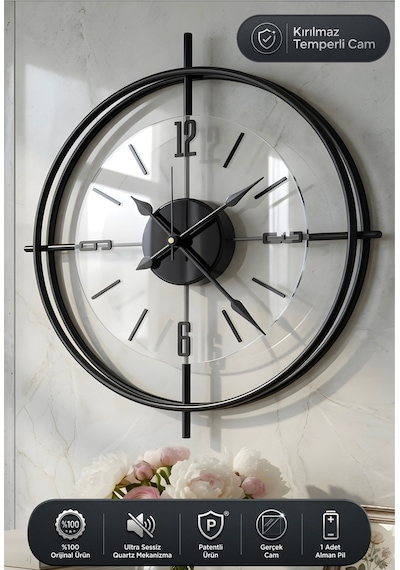 MetaQuartz Aksesuar Deluxe Şeffaf Cam İskandinav Çiftçember Camlı Duvar Saati Siyah 55 x 55 CM