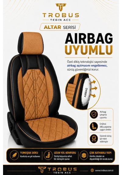 Fiat Egea Cross 2020+ Uyumlu Altar Serisi Tay Tüyü Taba Siyah Premium Koltuk Kılıfı