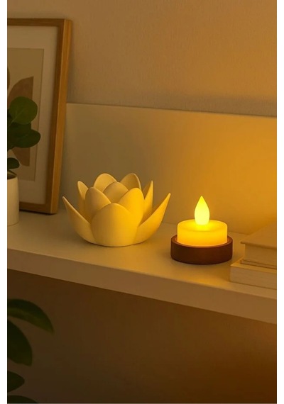 Lotus Çiçeği Tasarımlı Dekoratif Led Mumluk Tealight Beyaz