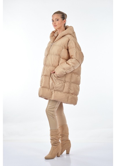 Monalure Kapüşonlu Oversize Bej Kadın Mont 1102644