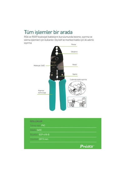 Proskit Cp-418 Koaksiyel Sıkıştırma Pensesi (Rg6/Rg58)