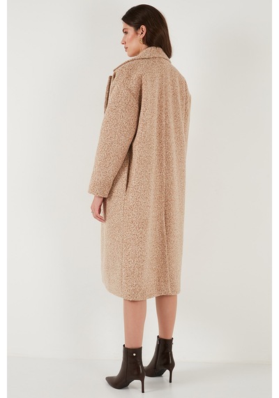 Lela Oversize Fit Mono Yaka Düğmeli Buklet Uzun Kaşe Bayan Kaban 6810236 Bej