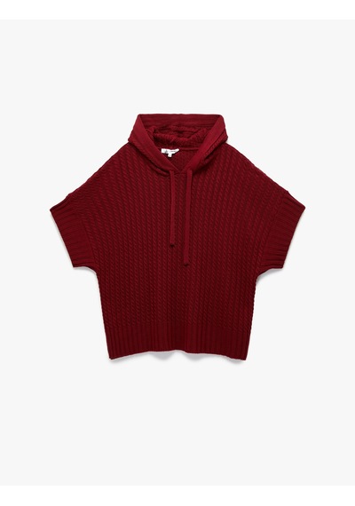 Koton Geniş Kısa Kollu Kapüşonlu Saç Örgüsü Dokulu Triko Oversize Panço Bordo 6wal90124ht