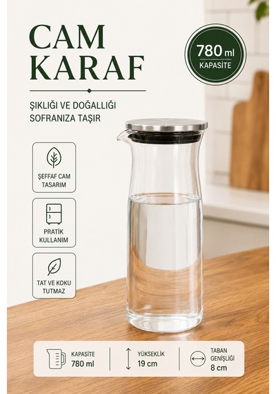 Cam Karaf Sürahi Paslanmaz Çelik Kapaklı Başucu Sürahisi 780 Ml