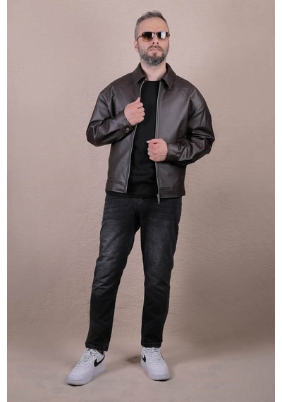 Ohepmoda Oversize Rahat Kalıp Düz Erkek Deri Ceket Kahverengi