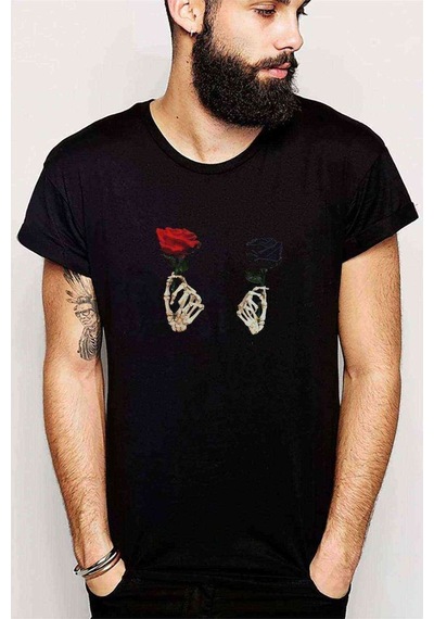 Skull Rose Kurukafa Gül Baskılı Siyah Erkek Tshirt