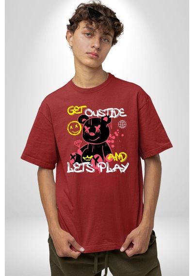 Dışarı Çık Ve Oynayalım Teddy Pamuklu Bisiklet Yaka Unisex Oversize Boyfriend Dijital Baskılı Kırmızı T-shirt Kırmızı