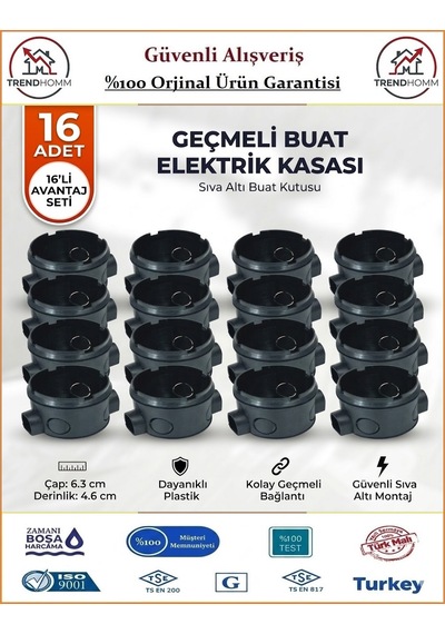 Trendhomm Geçmeli Anahtar Priz Kasası - Sıva Altı - Siyah - 16 Adet