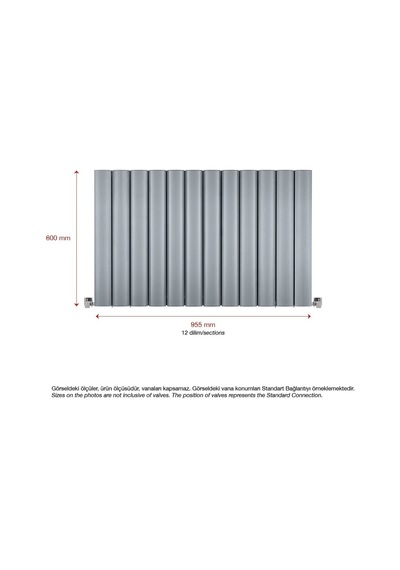 600x955mm Amber Yatay Gümüş Gri Alüminyum Radyatör Standart Bağla