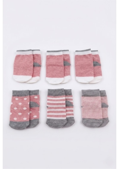 Cocole Socks Kız Bebek Çorabı 6 Lı Set Pamuklu Mercan Karışık Desenli Yenidoğan Kutulu