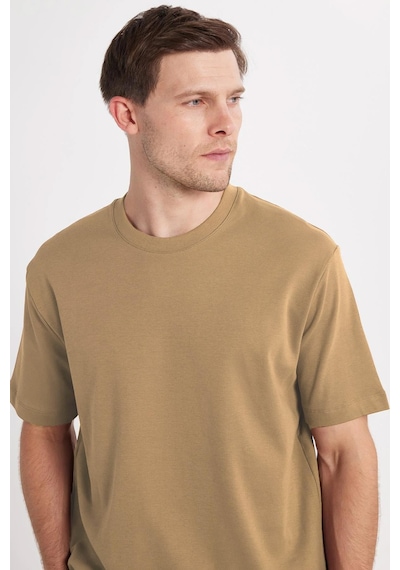 Tudors Unisex Relax Fit Rahat Kesim %100 Pamuk Yumuşak Dokulu Hafif Kalın Bej Bisiklet Yaka Tişört-35591 Bej